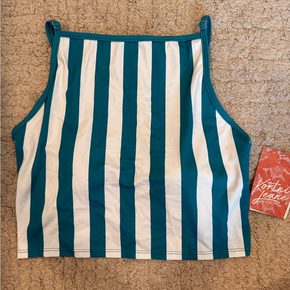 Kortni Jeane Teal and White Striped swim top NWT
